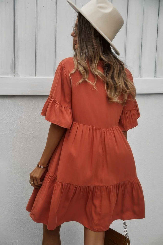 V Neck Flounce Sleeve Ruffle Hem Tie Neck Dress