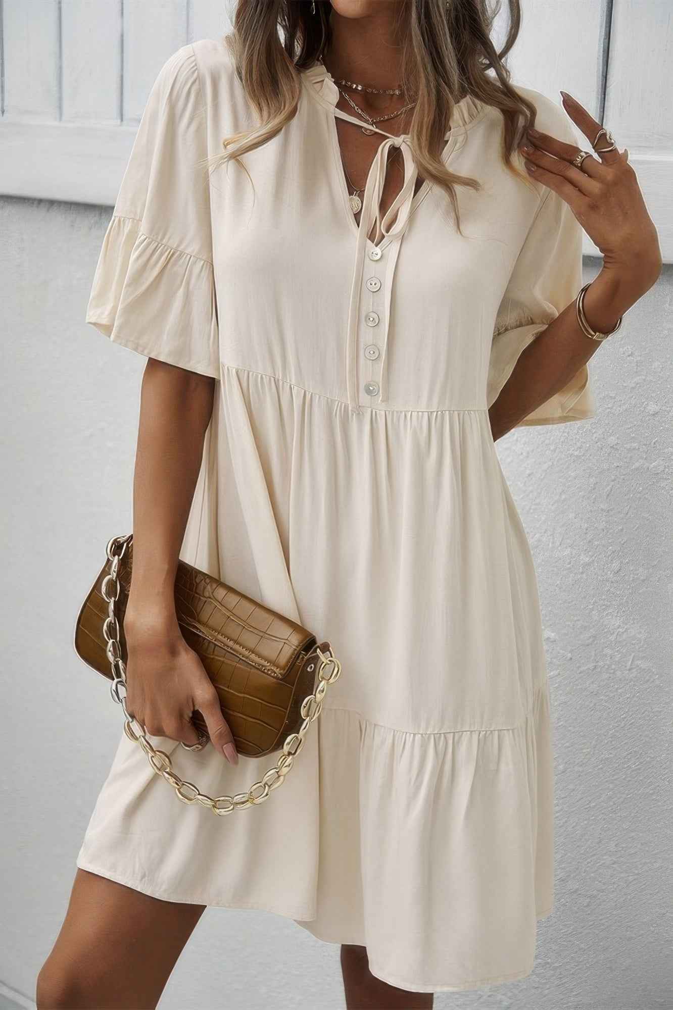 V Neck Flounce Sleeve Ruffle Hem Tie Neck Dress