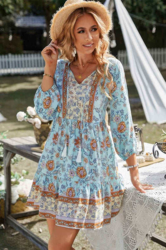 Floral Printed Button Down V Neck Long Sleeve Dress