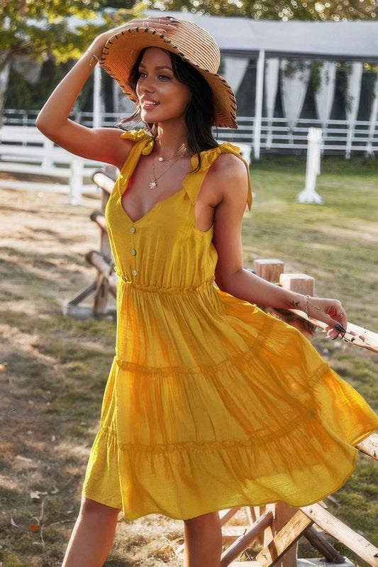 Sleeveless Button Ruffle Dress Swing Pleated Dress