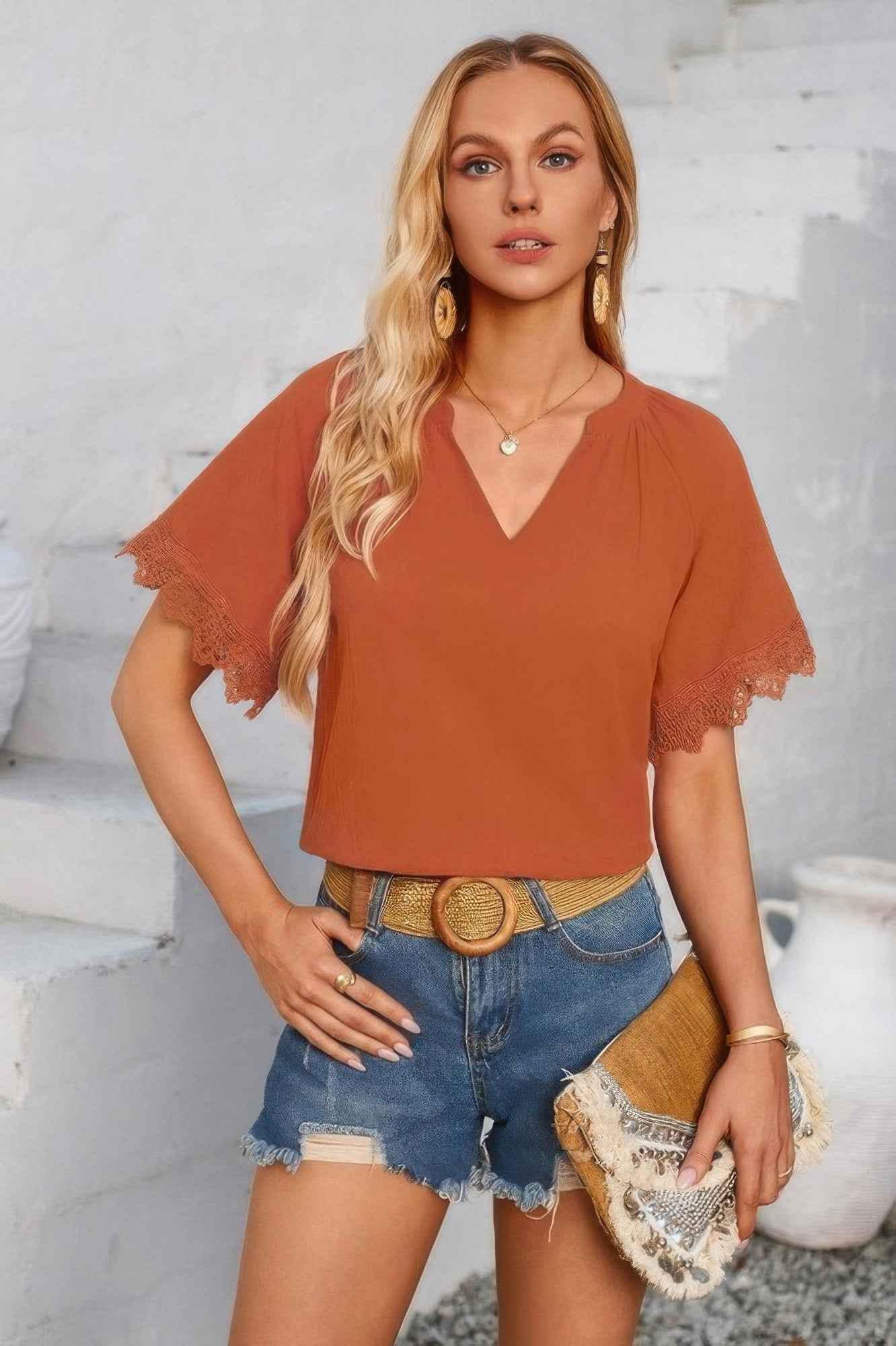 Solid V Neck Lace Hem Butterfly Sleeve Blouse