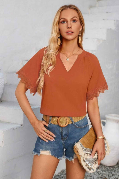 Solid V Neck Lace Hem Butterfly Sleeve Blouse