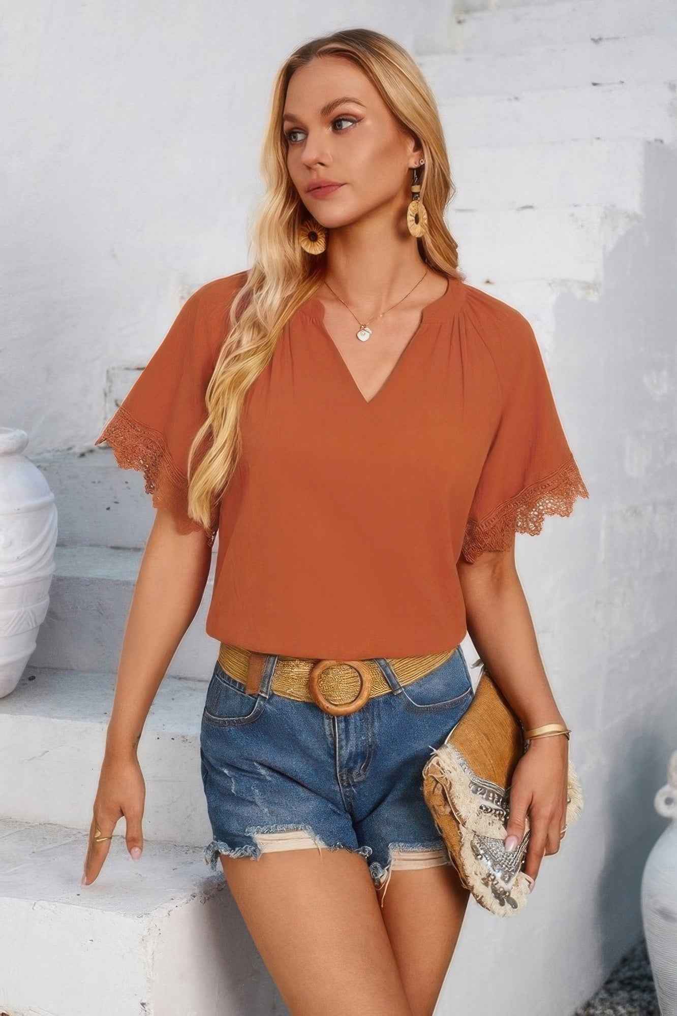 Solid V Neck Lace Hem Butterfly Sleeve Blouse