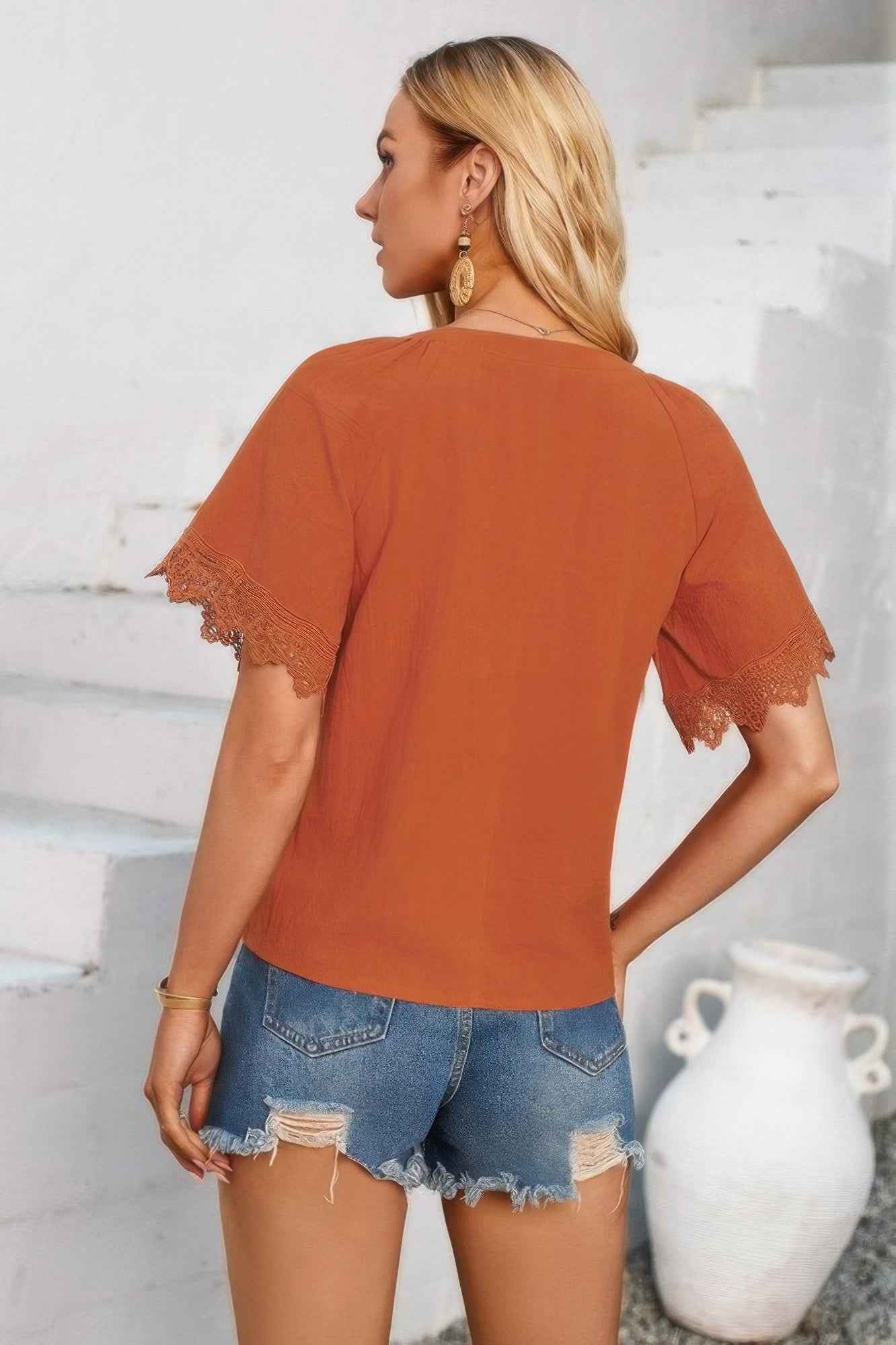 Solid V Neck Lace Hem Butterfly Sleeve Blouse