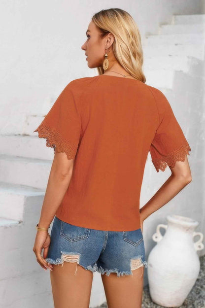 Solid V Neck Lace Hem Butterfly Sleeve Blouse