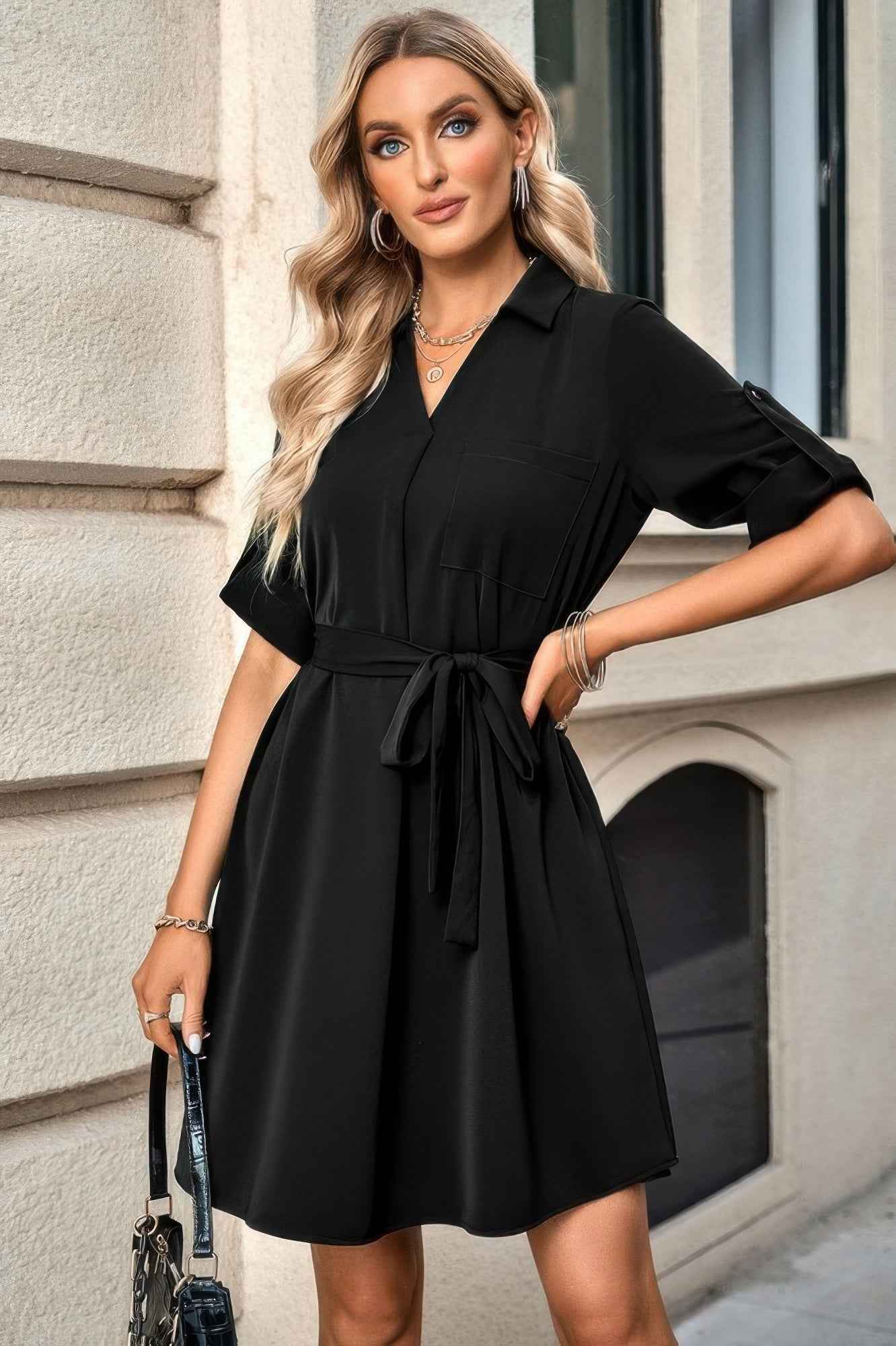 Solid V Neck Waist Tie Belt A Line Dress