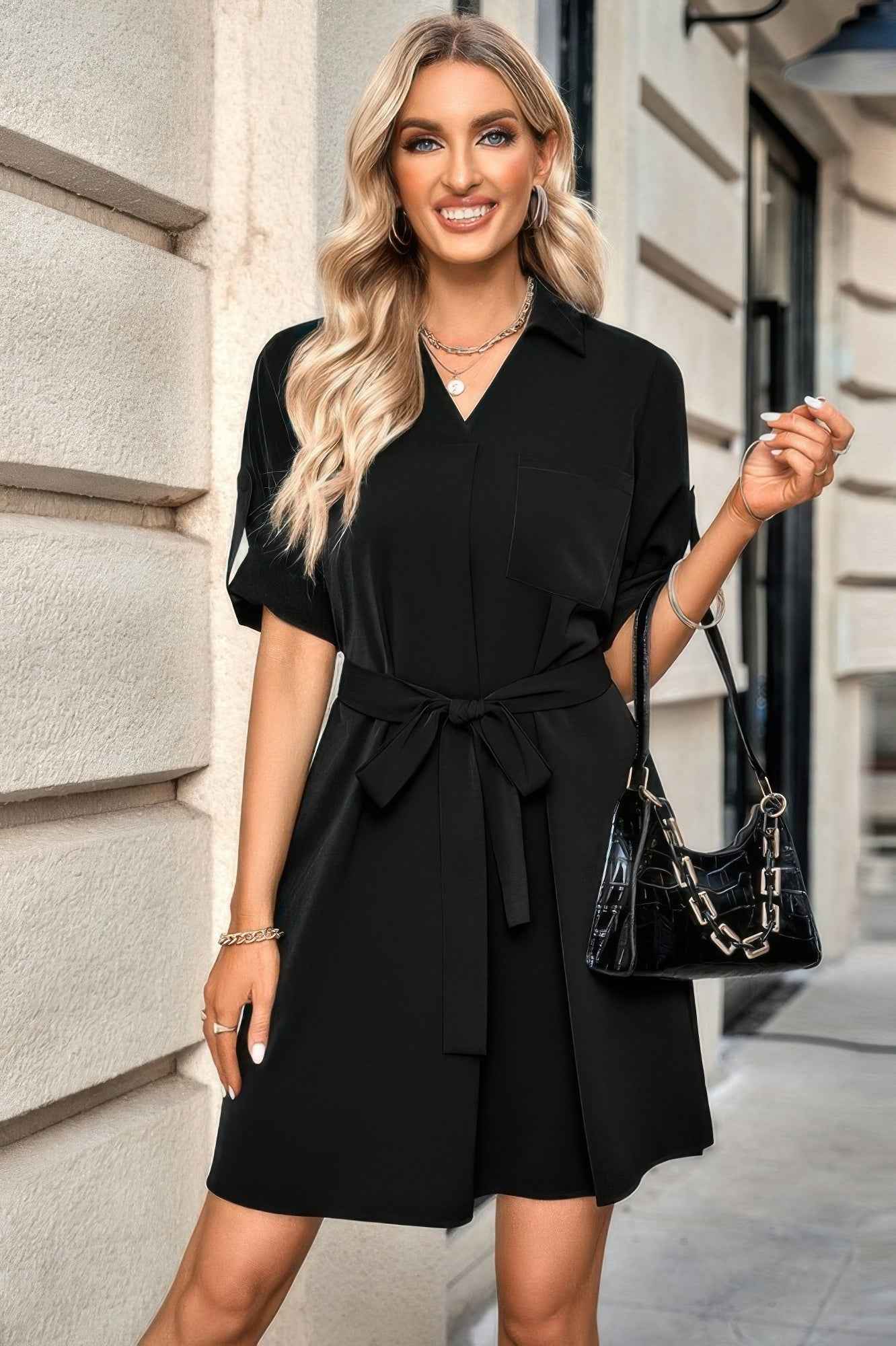 Solid V Neck Waist Tie Belt A Line Dress