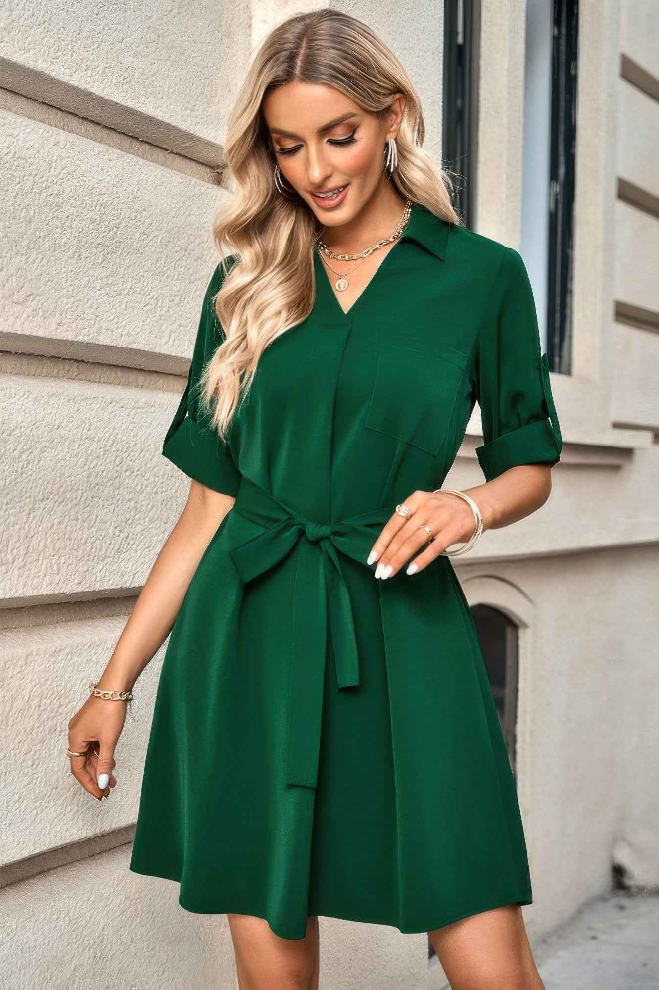 Solid V Neck Waist Tie Belt A Line Dress