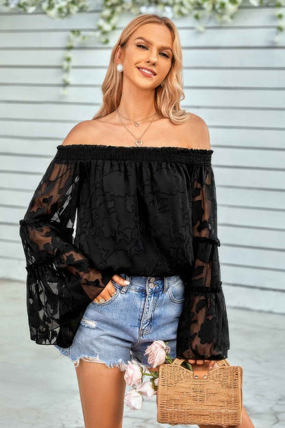Solid Off Shoulder Flared Sleeve Flowy Blouse