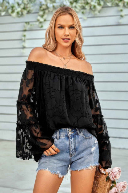 Solid Off Shoulder Flared Sleeve Flowy Blouse