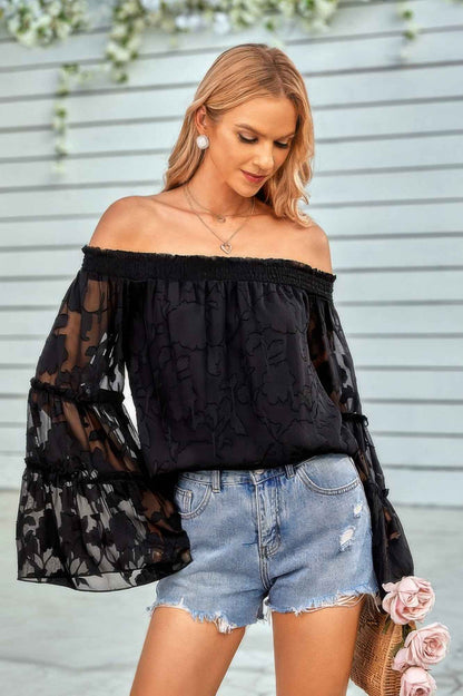 Solid Off Shoulder Flared Sleeve Flowy Blouse