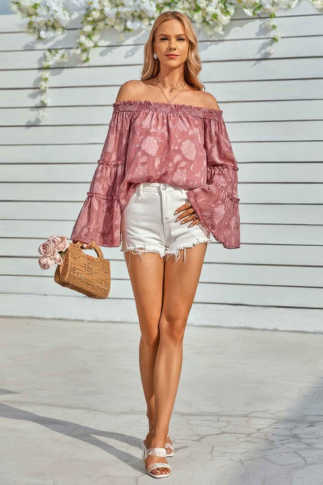 Solid Off Shoulder Flared Sleeve Flowy Blouse
