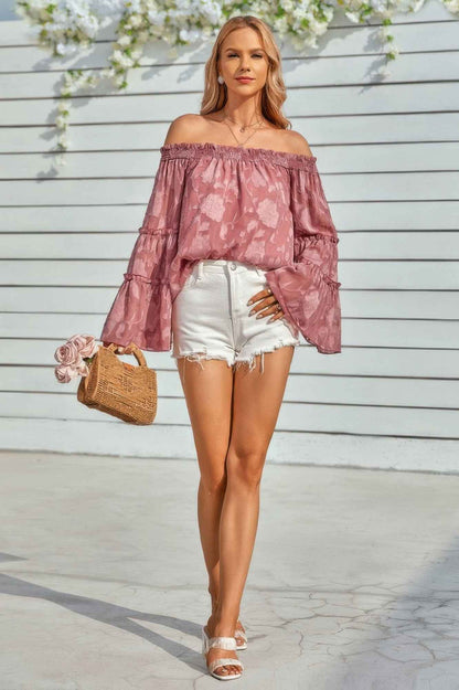 Solid Off Shoulder Flared Sleeve Flowy Blouse