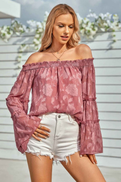 Solid Off Shoulder Flared Sleeve Flowy Blouse