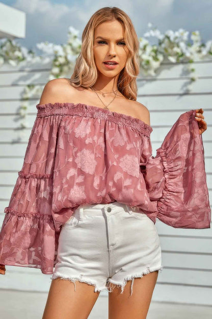 Solid Off Shoulder Flared Sleeve Flowy Blouse
