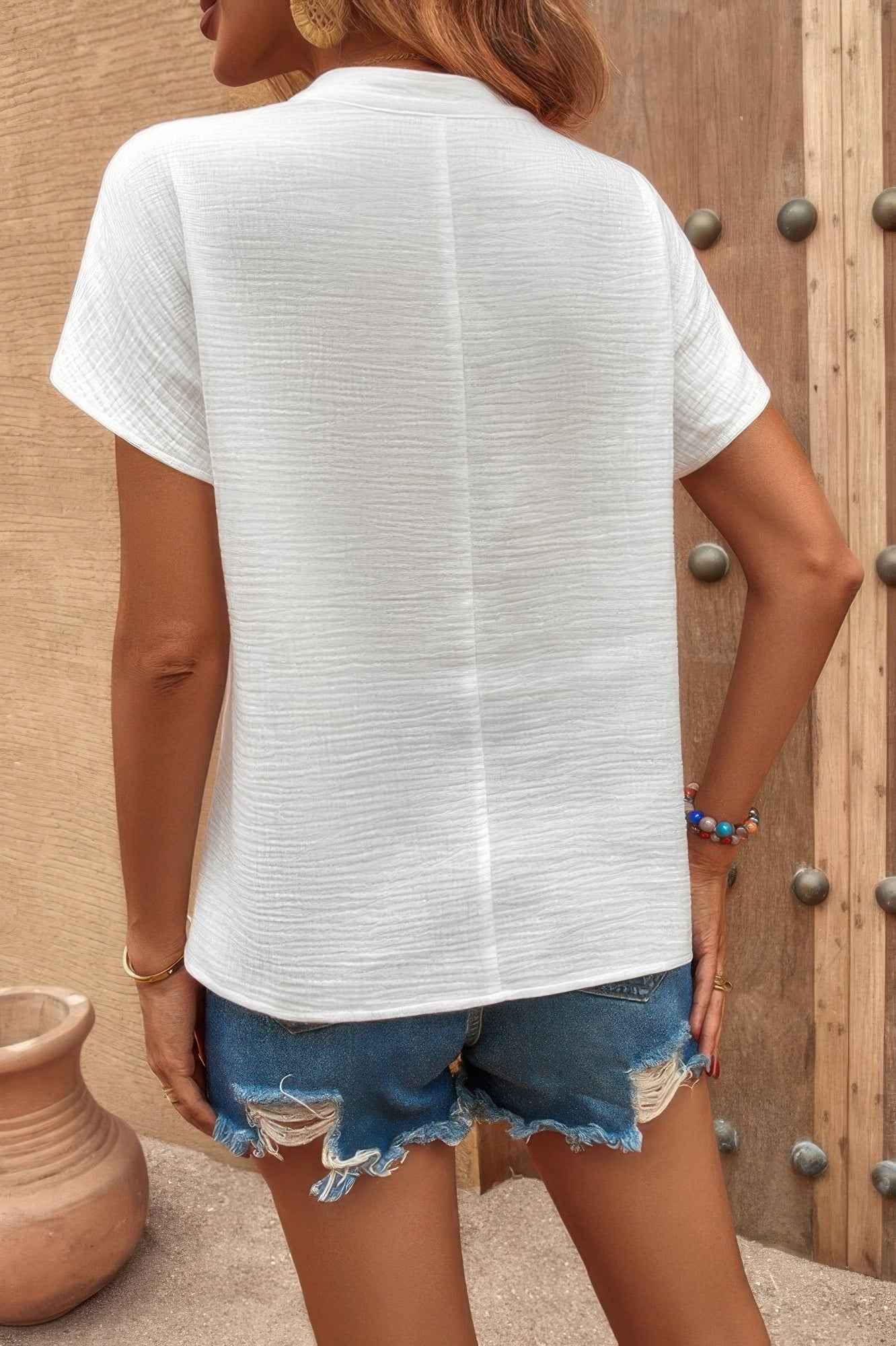 Solid V Neck Batwing Sleeve Loose Blouse