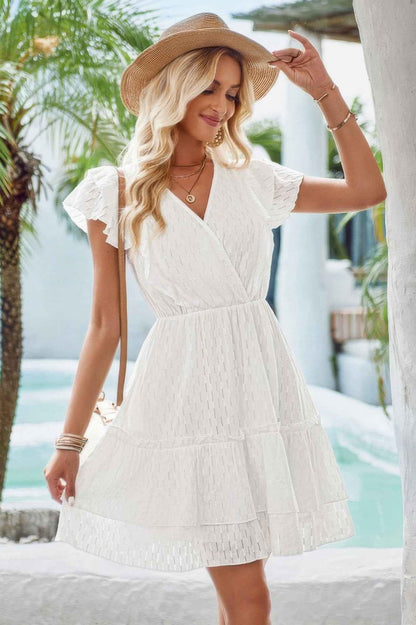 V Neck Hollow Pleated A Line Short Dress