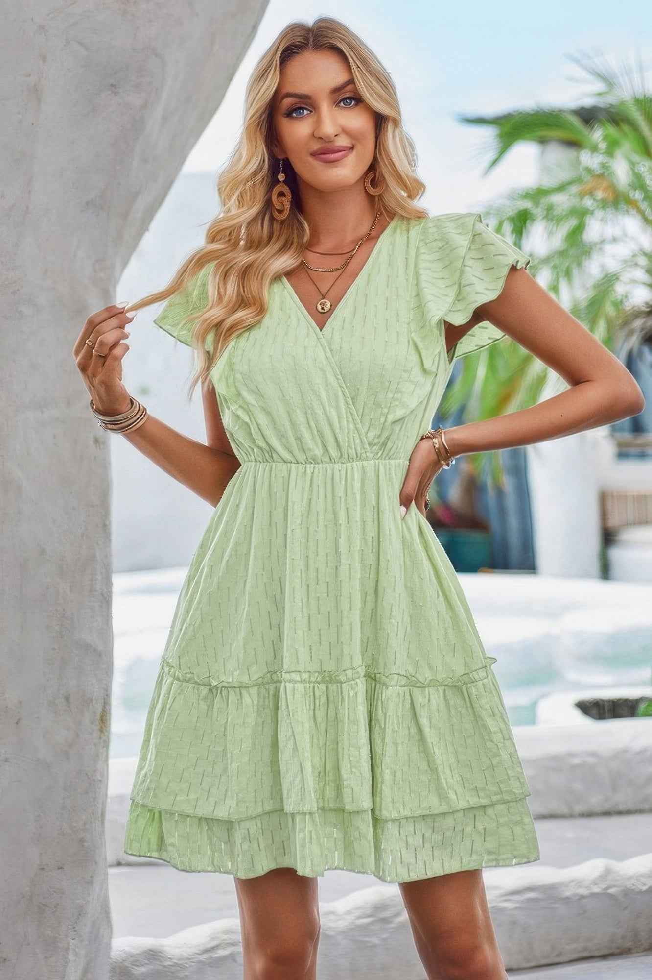 V Neck Hollow Pleated A Line Short Dress