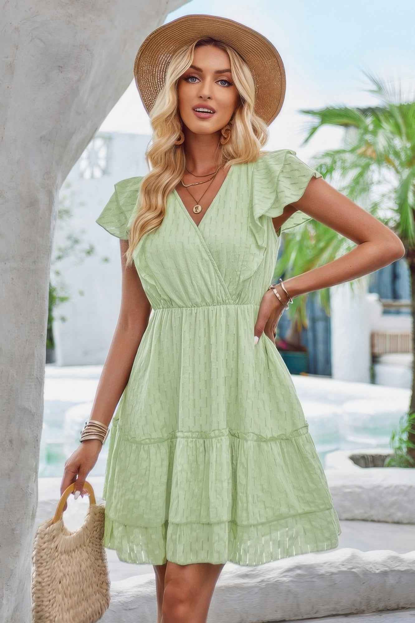 V Neck Hollow Pleated A Line Short Dress