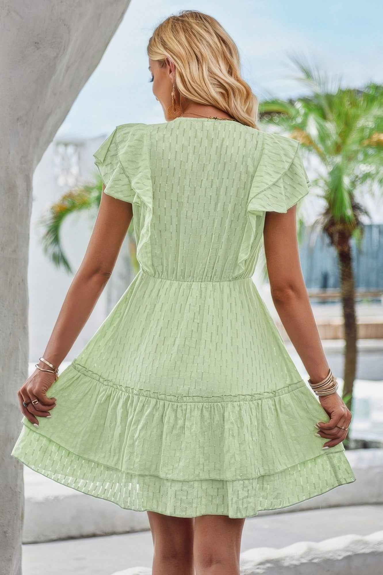 V Neck Hollow Pleated A Line Short Dress