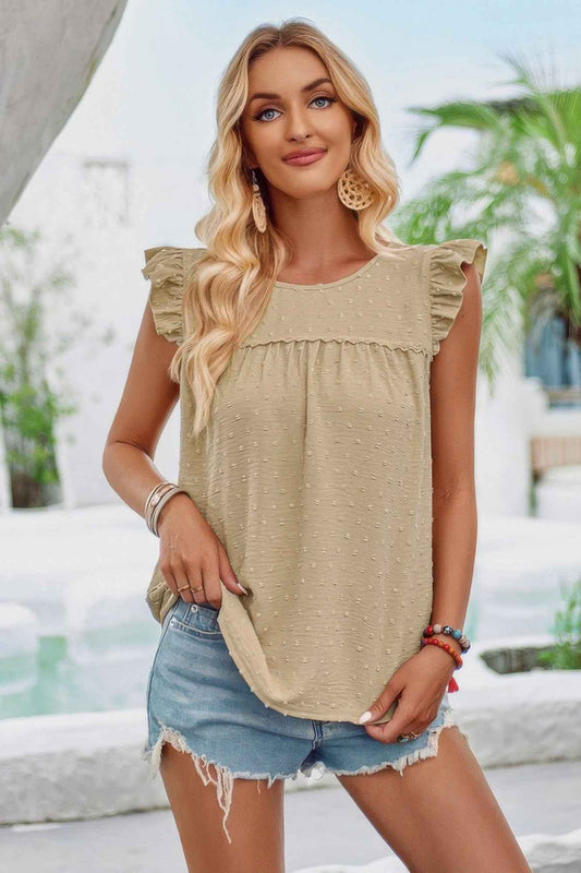 Crew Neck Swiss Dot Short Ruffle Sleeve Top