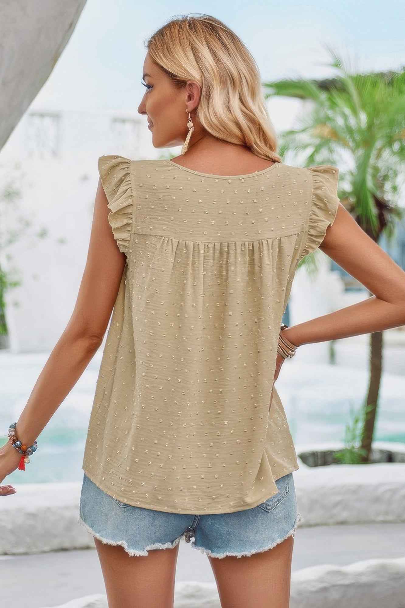 Crew Neck Swiss Dot Short Ruffle Sleeve Top