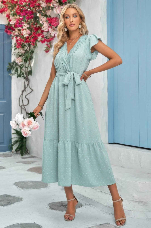 Solid Dot V Neck Lace Ruffle Belt Long Dress