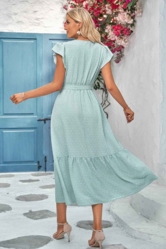 Solid Dot V Neck Lace Ruffle Belt Long Dress