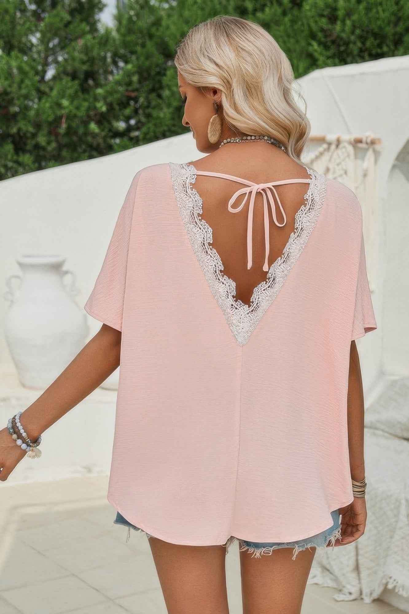 Knot Back Open Back Lace Trim Solid Loose Fit Top