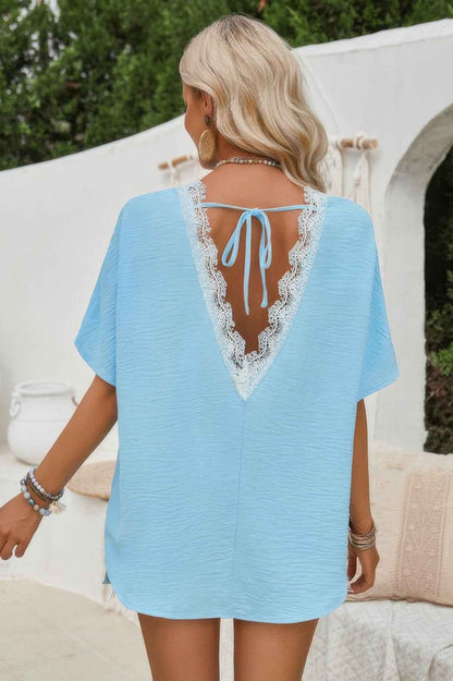 Knot Back Open Back Lace Trim Solid Loose Fit Top