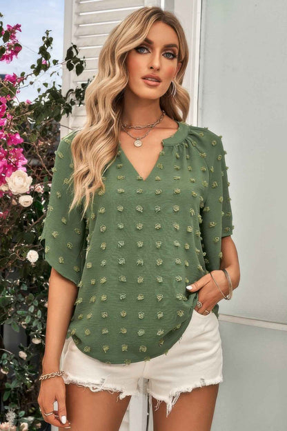 Solid Swiss Dot V Neck Puff Sleeve Blouse
