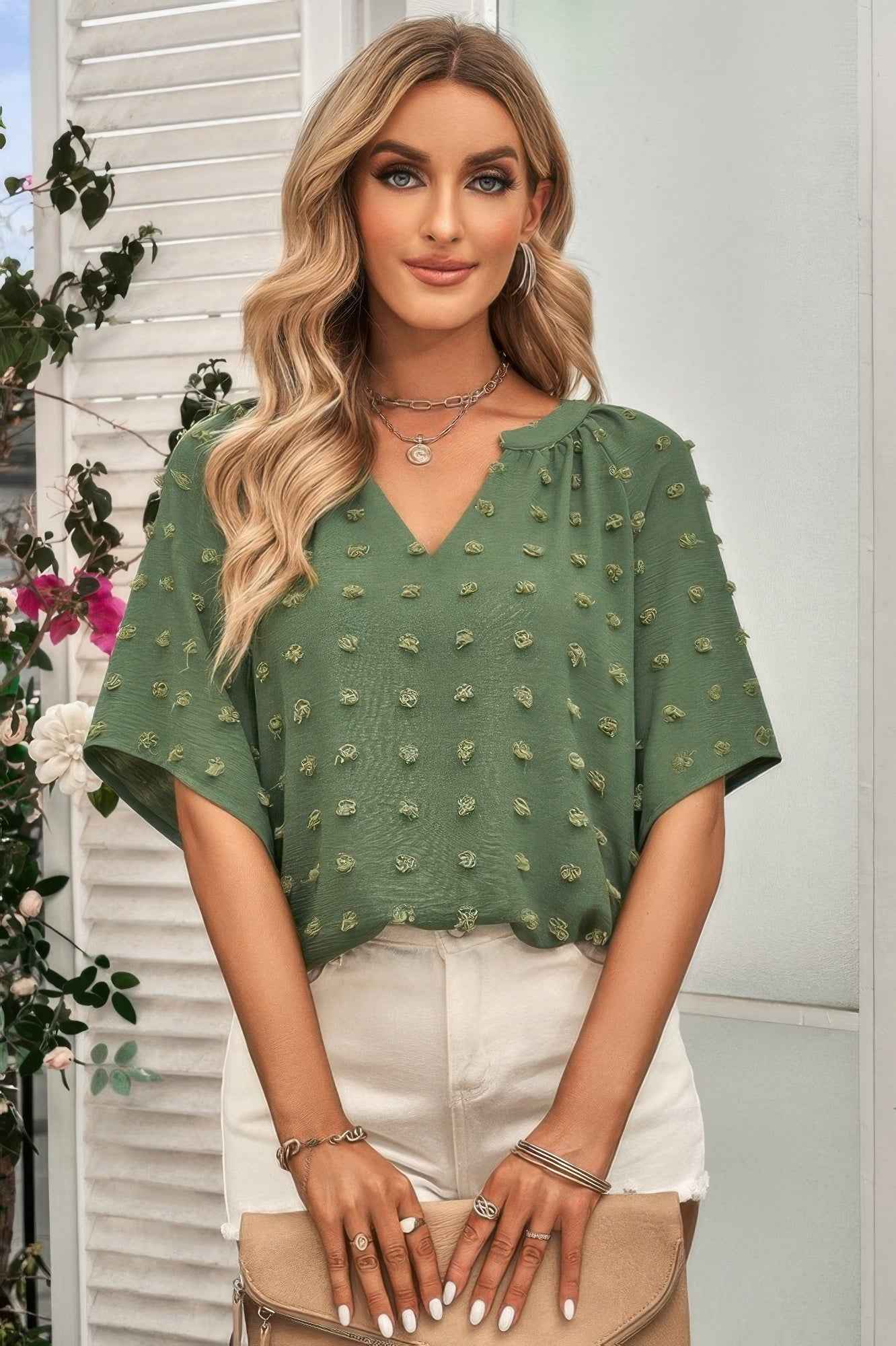 Solid Swiss Dot V Neck Puff Sleeve Blouse