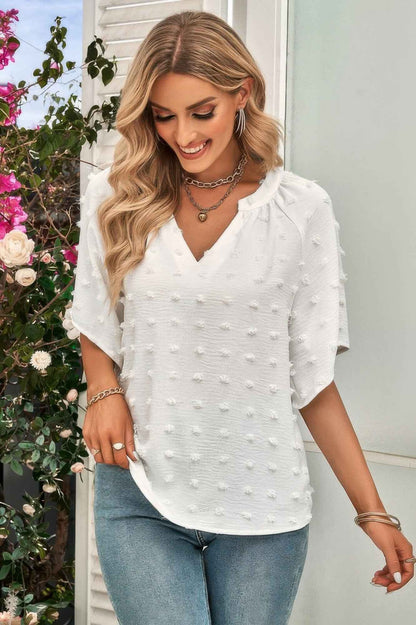 Solid Swiss Dot V Neck Puff Sleeve Blouse