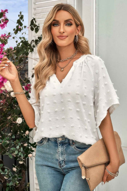 Solid Swiss Dot V Neck Puff Sleeve Blouse
