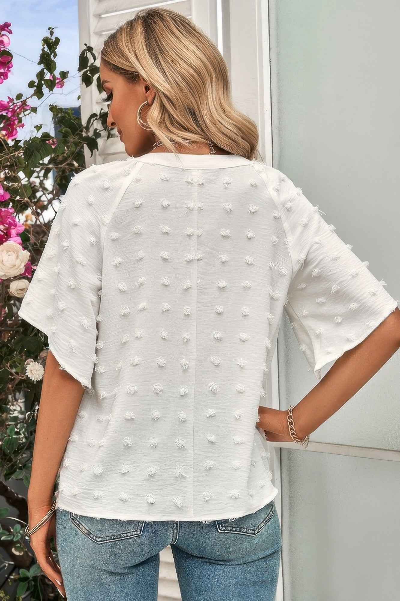 Solid Swiss Dot V Neck Puff Sleeve Blouse