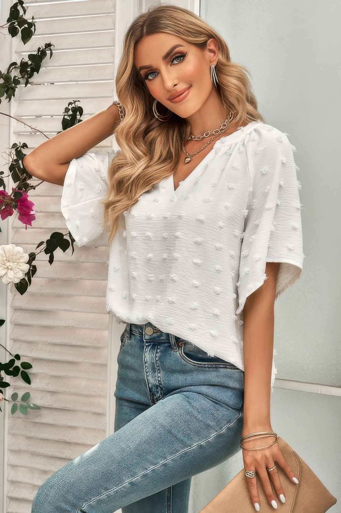 Solid Swiss Dot V Neck Puff Sleeve Blouse