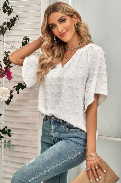 Solid Swiss Dot V Neck Puff Sleeve Blouse