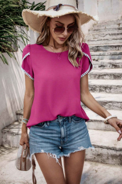 Color Block Trim Flutter Sleeve Round Neck Top