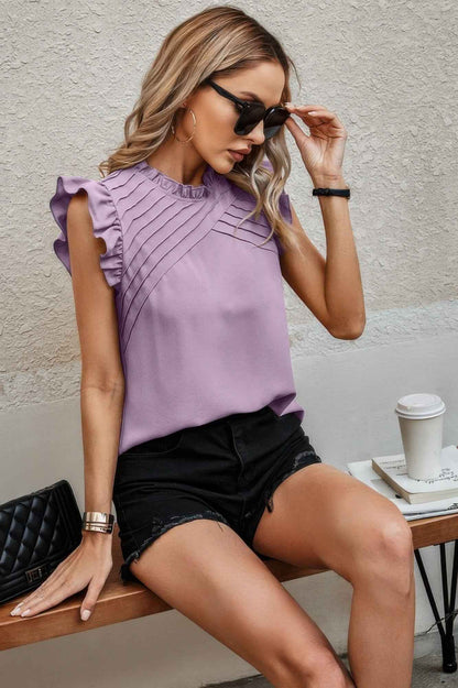 Striped Solid Cap Sleeve Ruffle Neck Tunic Shirts