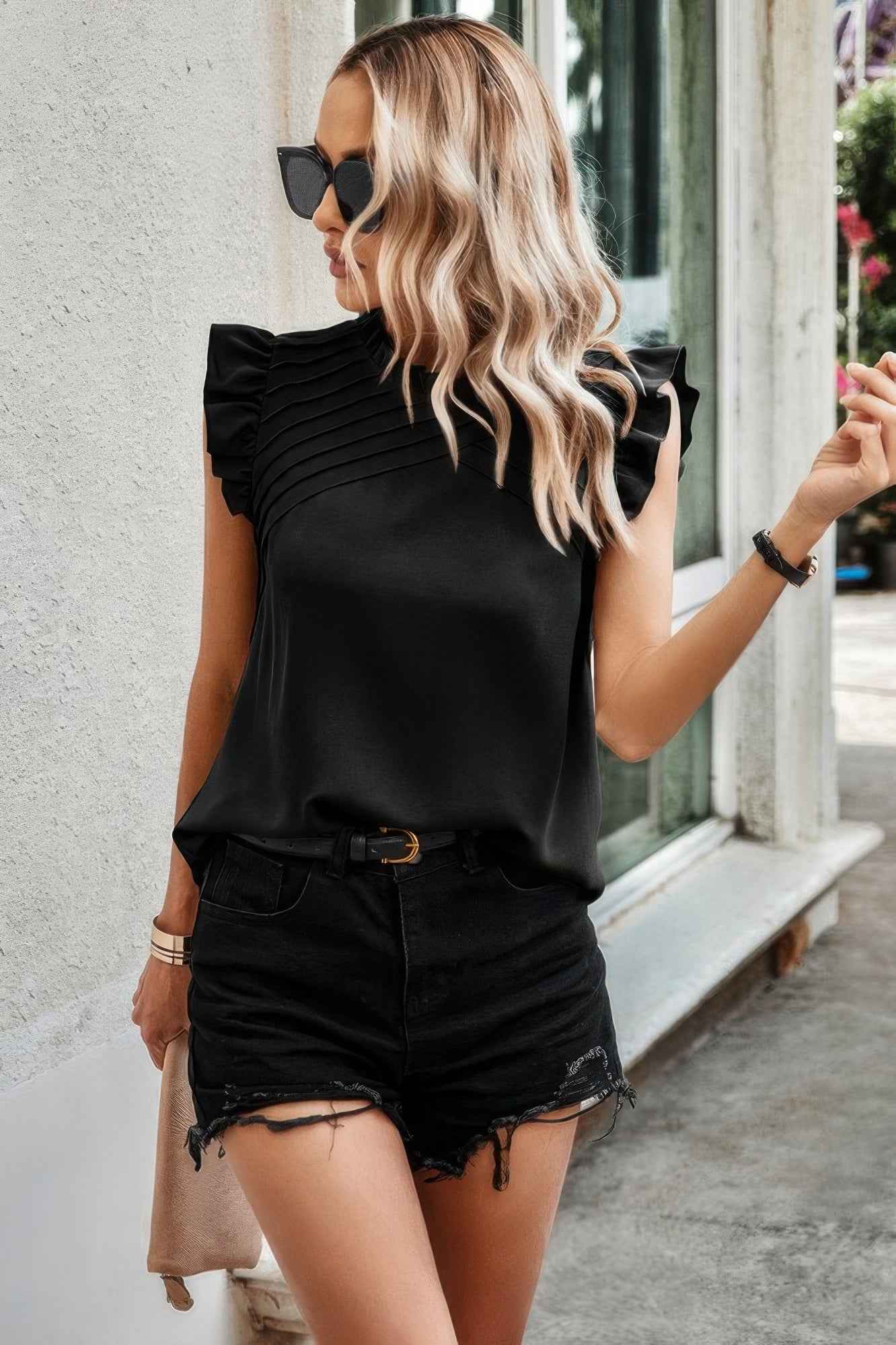 Striped Solid Cap Sleeve Ruffle Neck Tunic Shirts