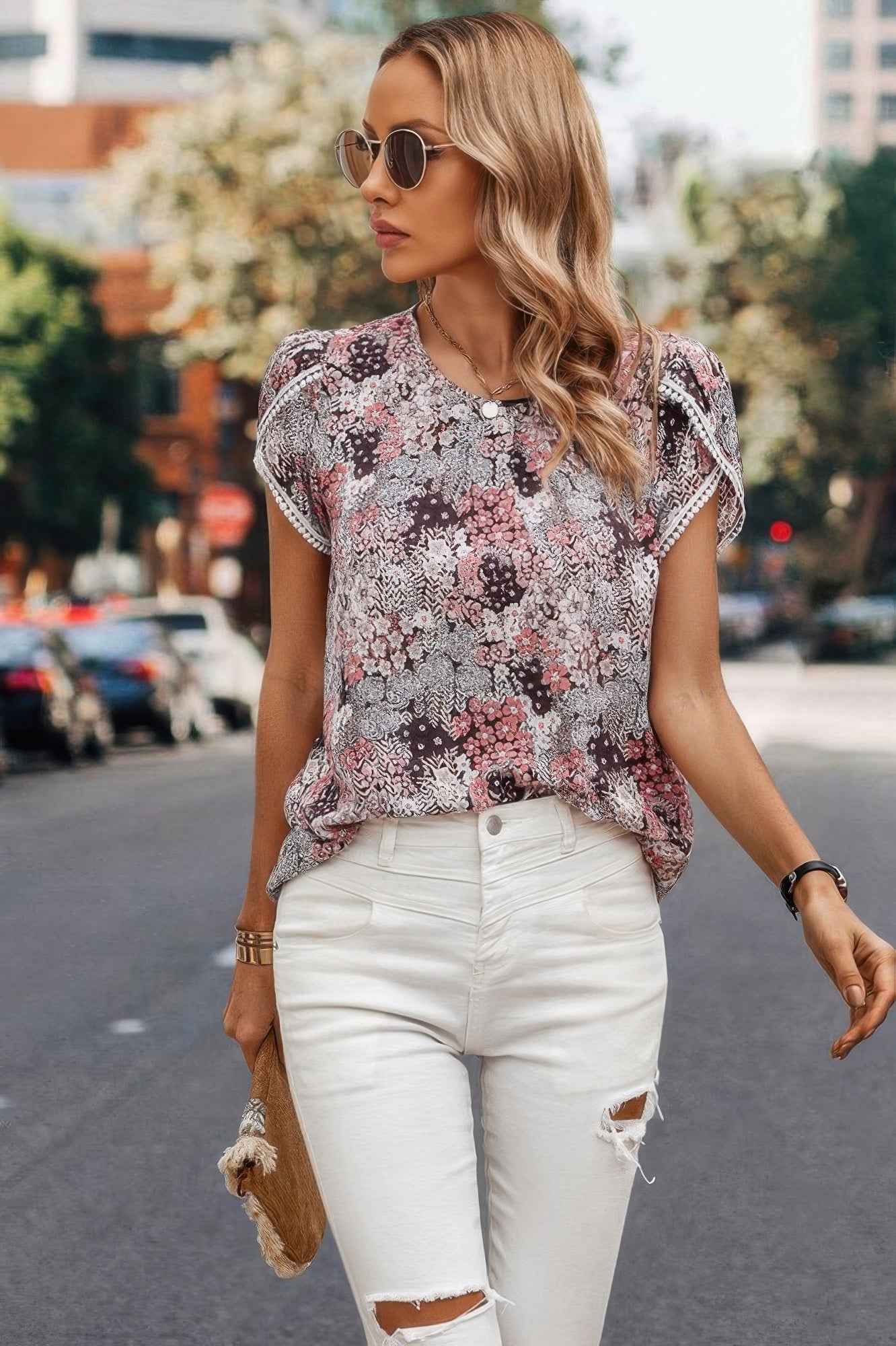 Floral Round Neck Lace Trimmed Fit Blouse