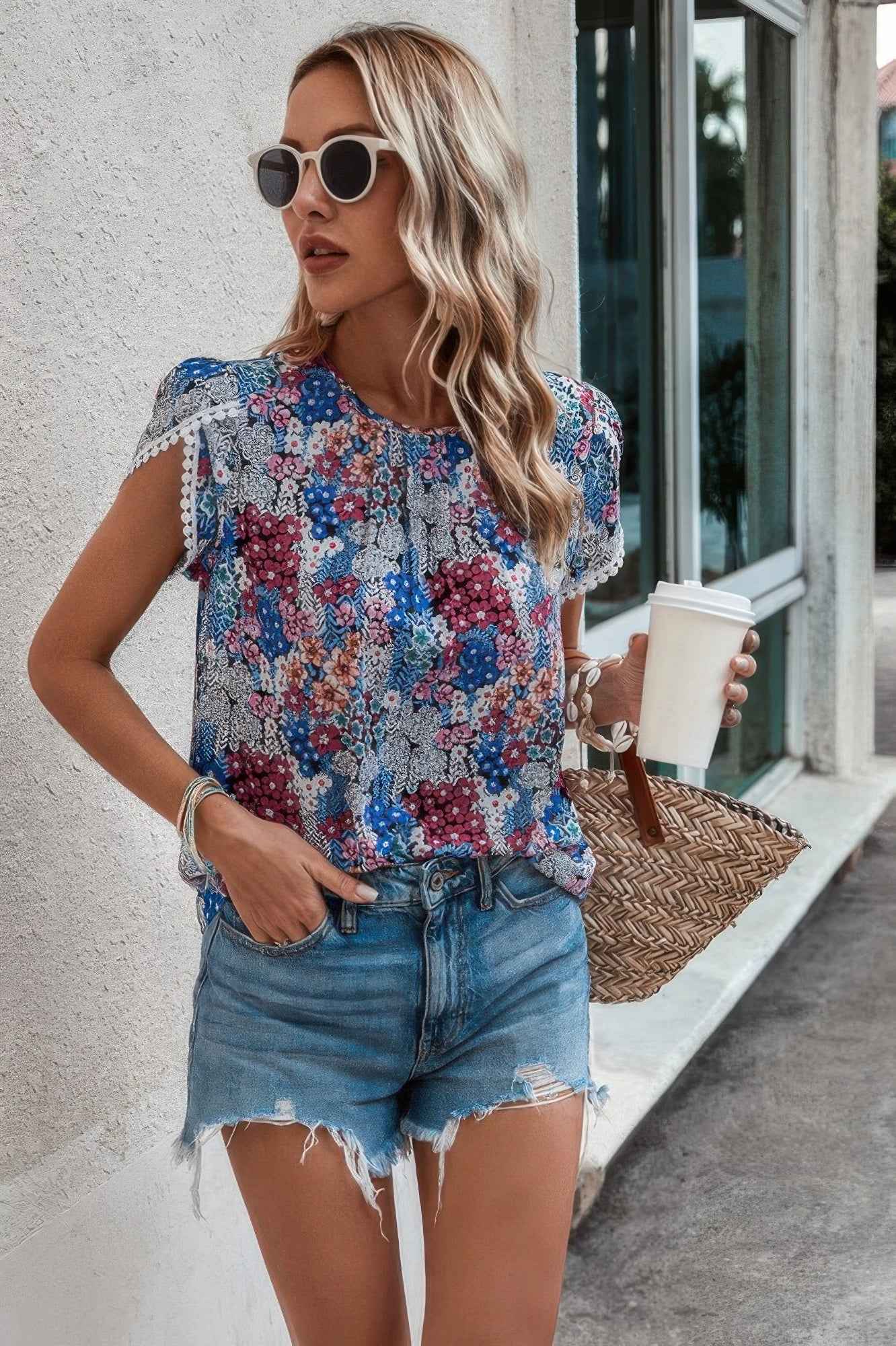 Floral Round Neck Lace Trimmed Fit Blouse