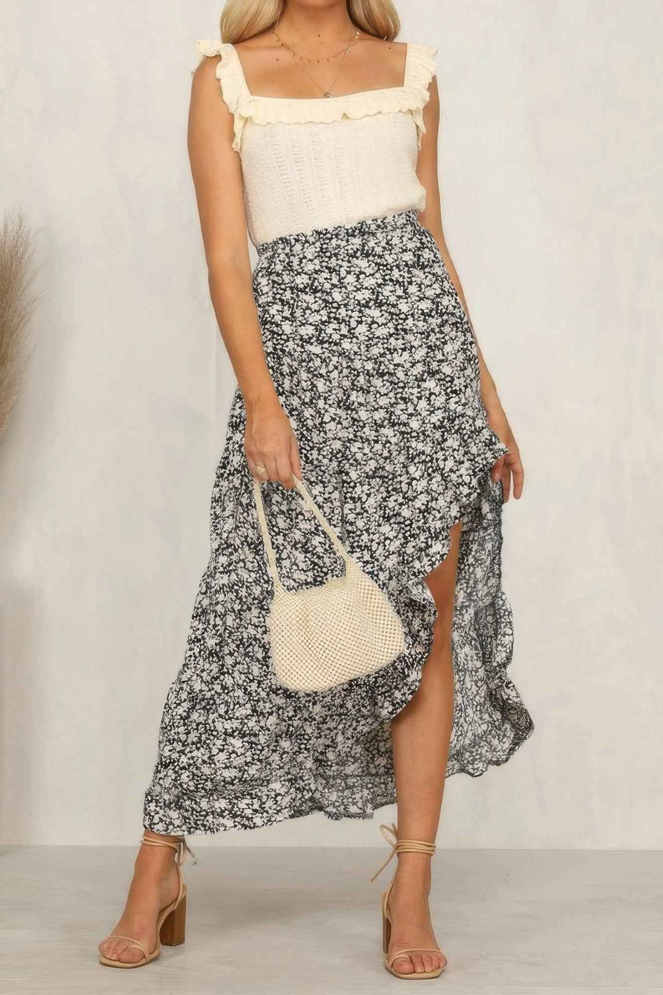 Boho Floral Print Midi Skirt Casual Side Slit Skirt