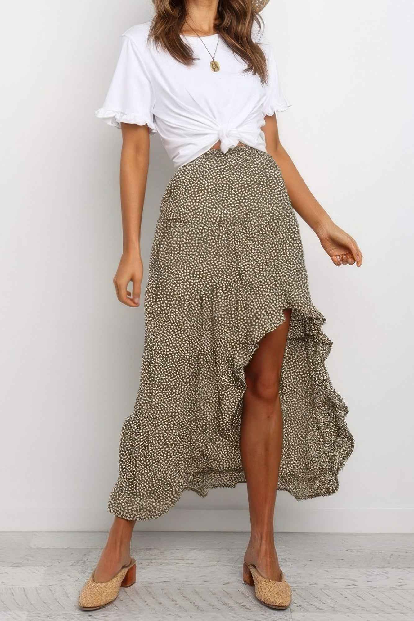 Boho Floral Print Midi Skirt Casual Side Slit Skirt