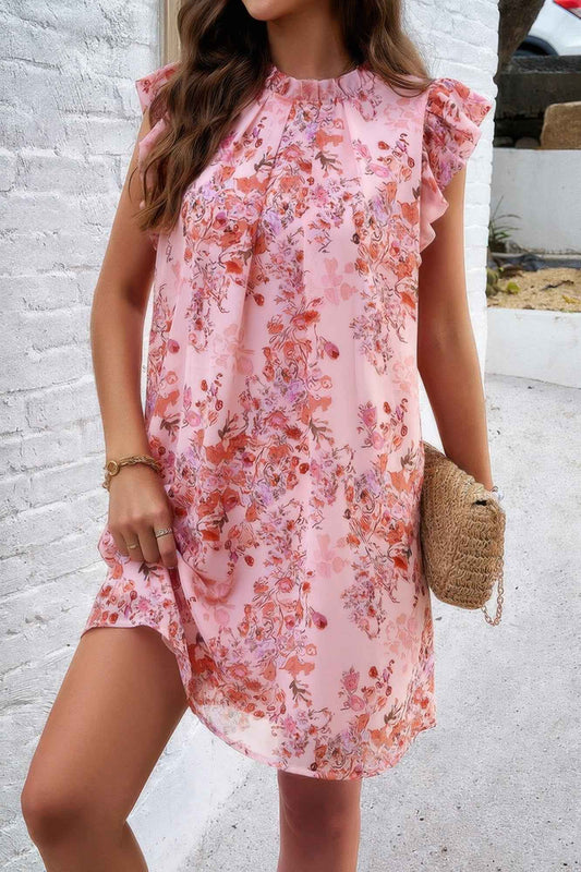 Floral Print Elegant Sleeveless Ruffle A Line Dress