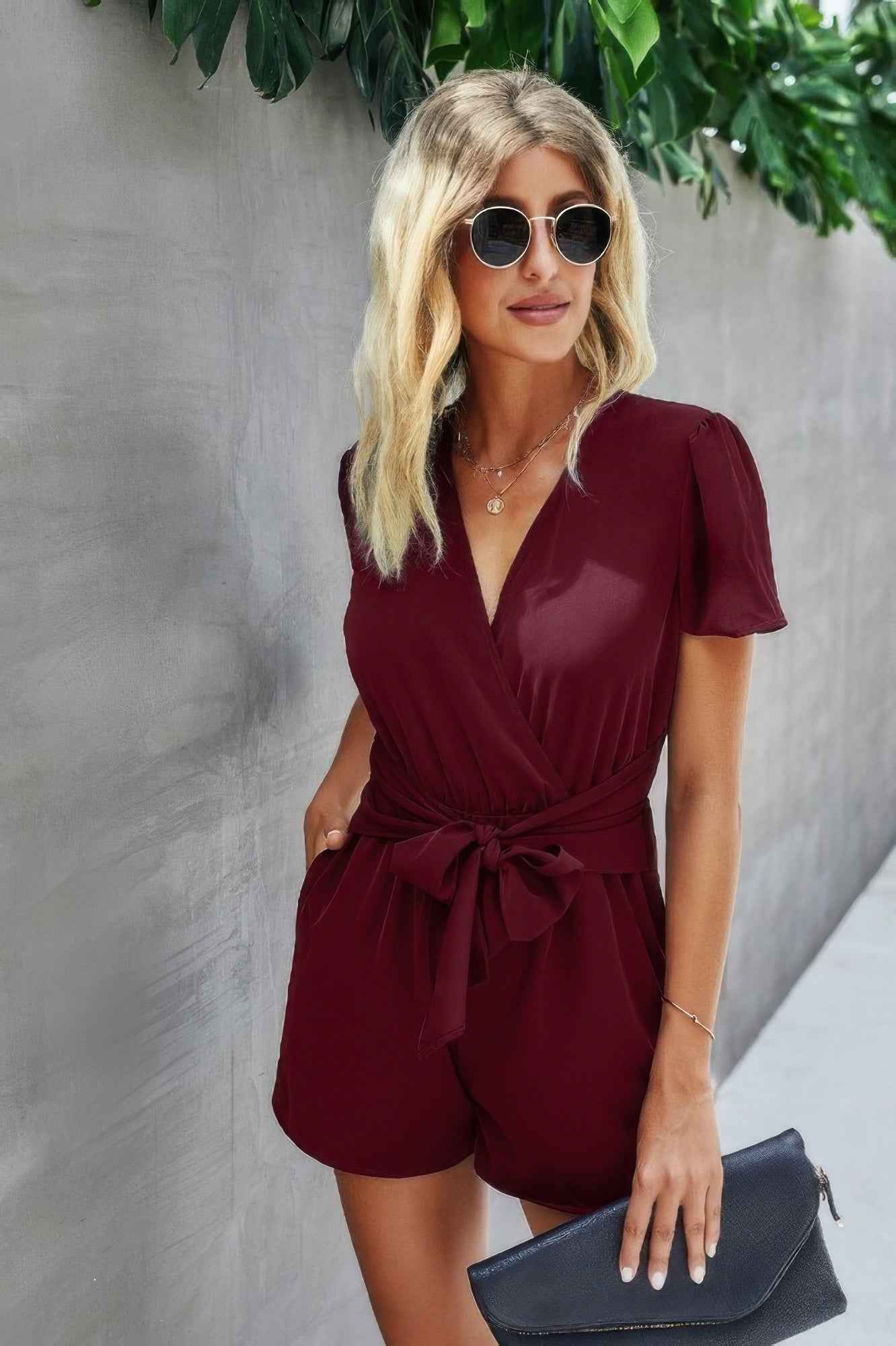 Stretch Belted Plunge Neck Wrap Knot Side Romper