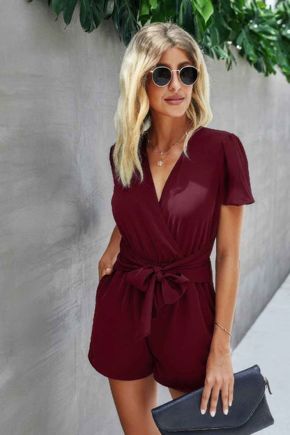 Stretch Belted Plunge Neck Wrap Knot Side Romper