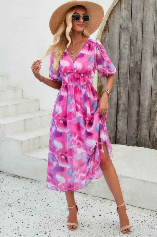 Floral V Neck Puffed Sleeve High Waist Dress
