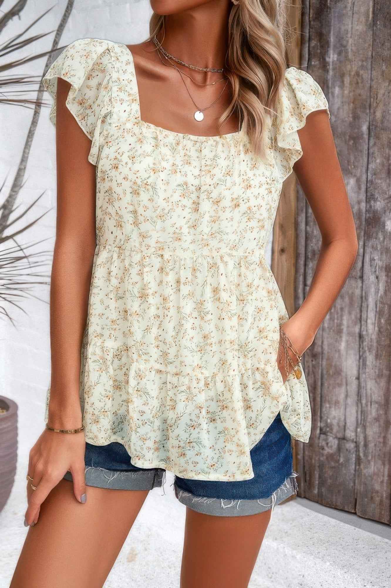 Floral Print Square Neck Ruffle Sleeve Tiered Blouse