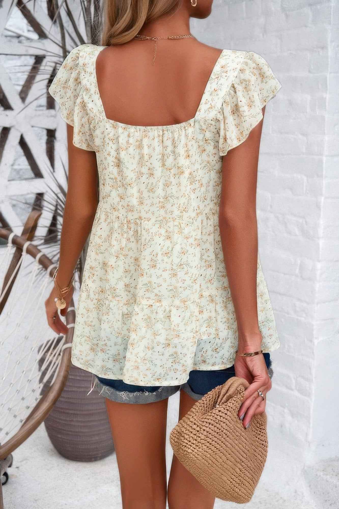 Floral Print Square Neck Ruffle Sleeve Tiered Blouse